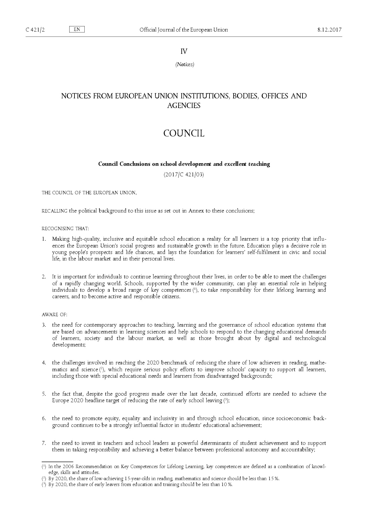 Conclusions of the Council and of the Representatives of the Governments of the Member States, meeting within the Council, on Inclusion in Diversity to achieve a High Quality Education For All