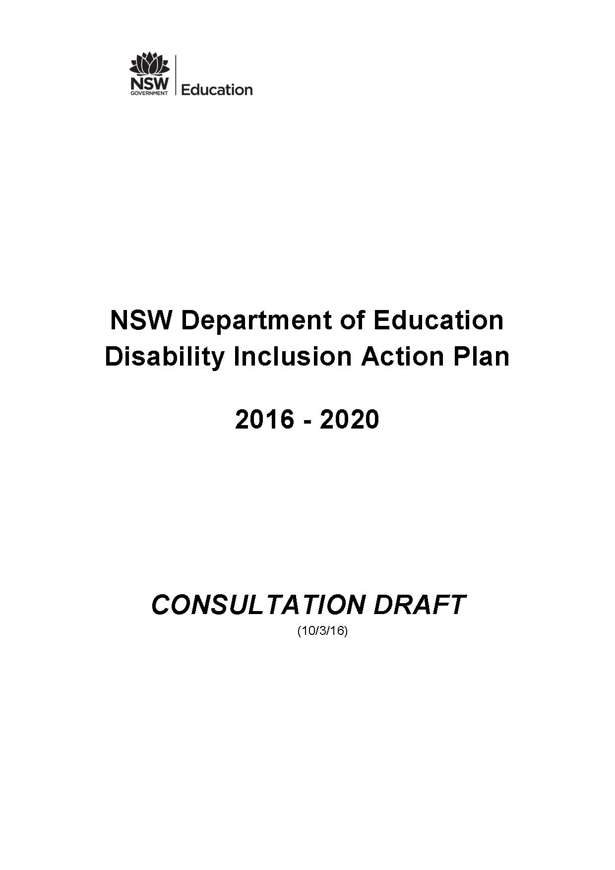 NSW Department of Education Disability Inclusion Action Plan 2016 - 2020